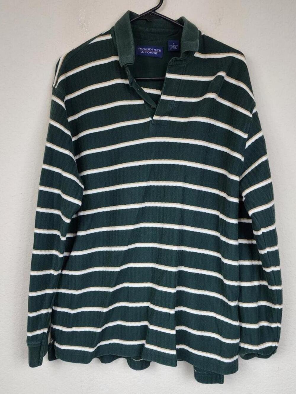 Large Cotton Roundtree & Yorke Green Striped Long Sleeve